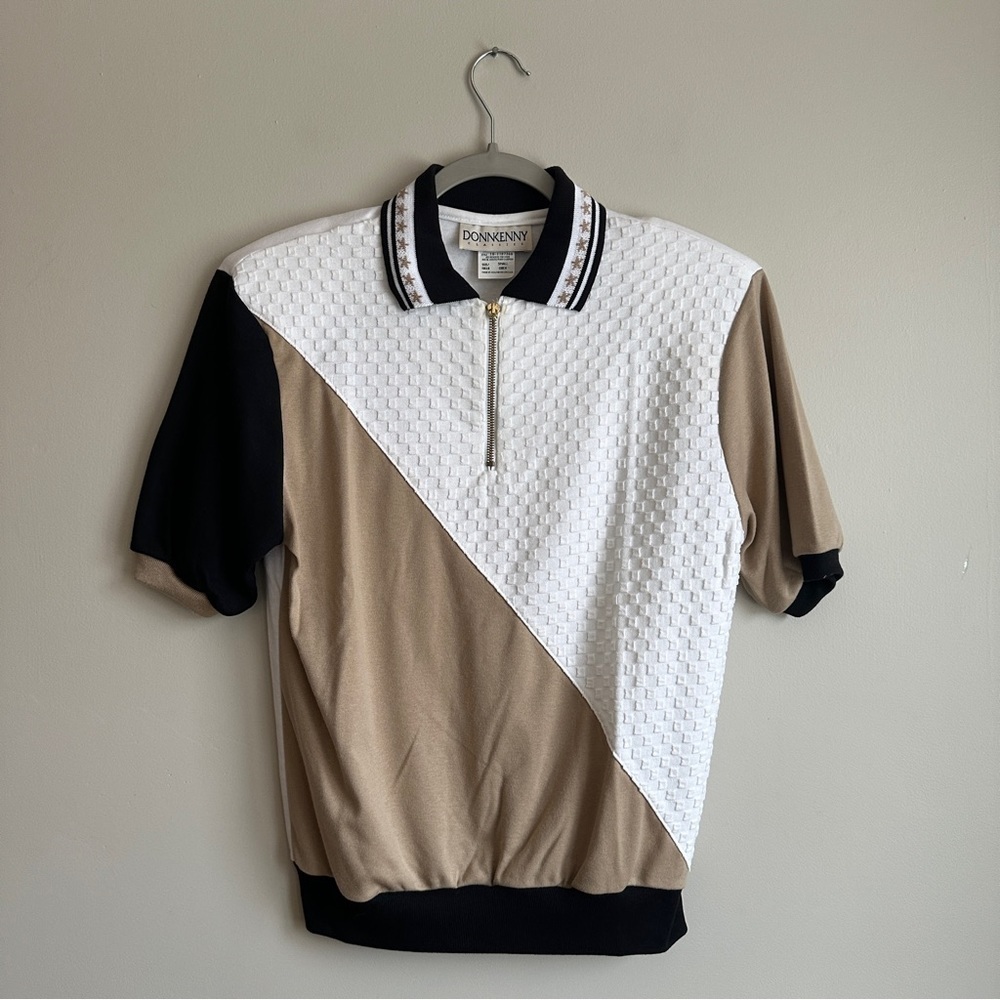 Vintage DonnKenny White Tan Zip Polo Top S